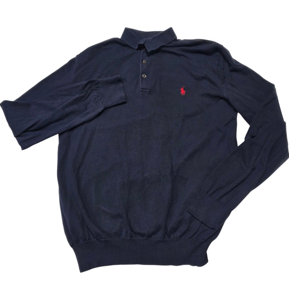 Polo Ralph Lauren Long Sleeve Polo Sweater Mens Large Navy Blue Cotton Knit